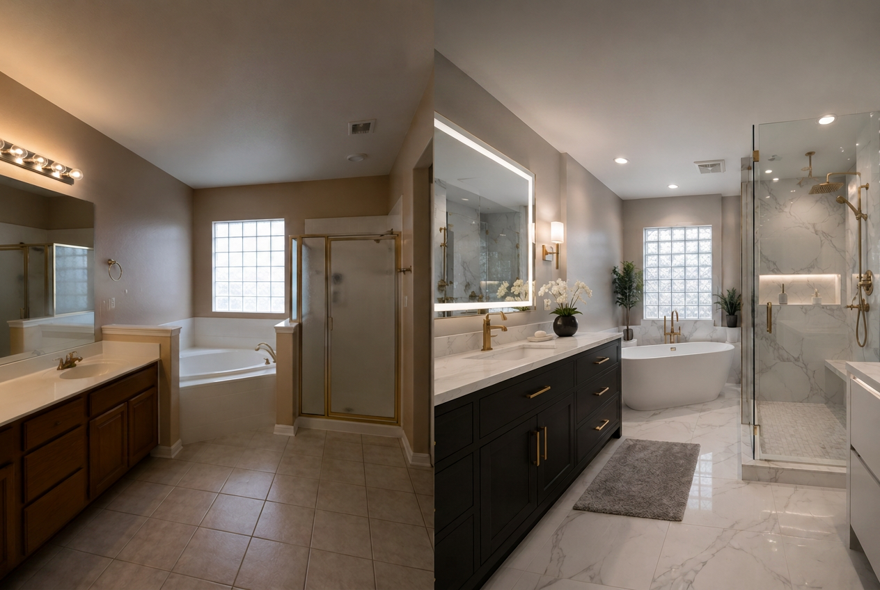 Before and after of a complete bathroom transformation: dated tan bathroom updated to a marble, gold and dark-wood spa bath