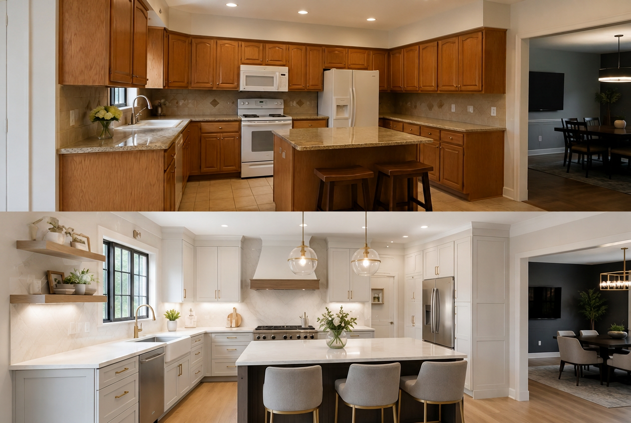 Before and after of a kitchen renovation: dated oak cabinets transformed into a bright white and oak kitchen